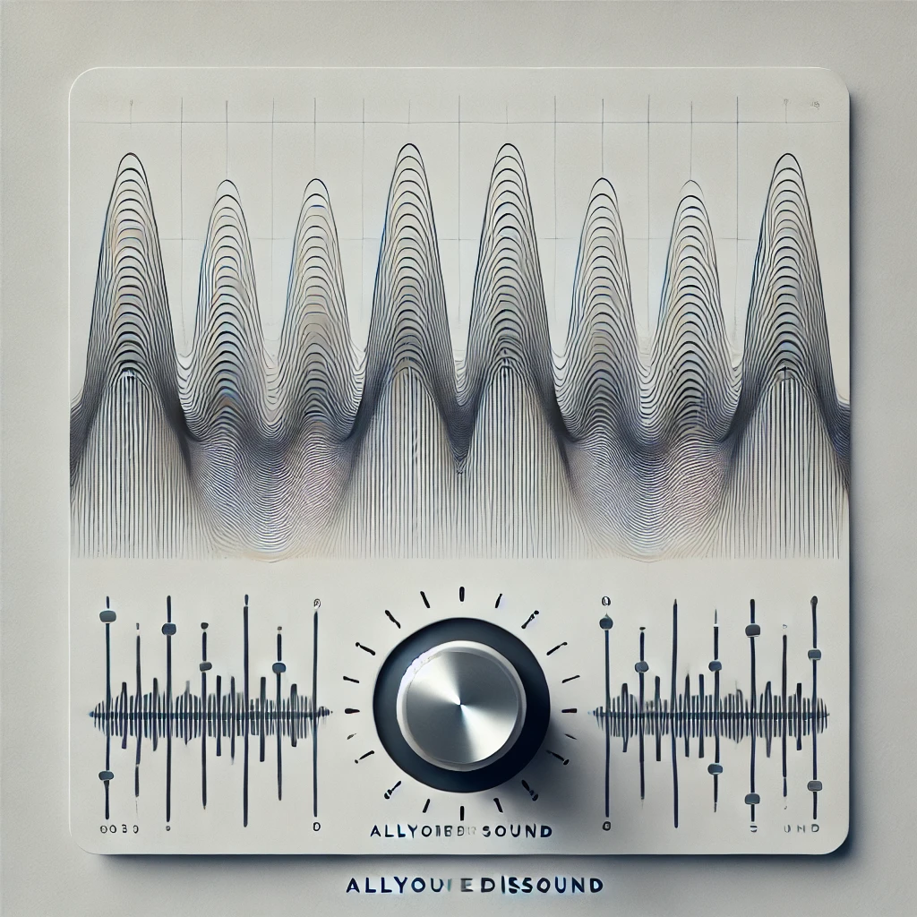 A frequency spectrum represented as smooth waves in grey and light blue tones, with a stylized graphic equalizer on a white background.