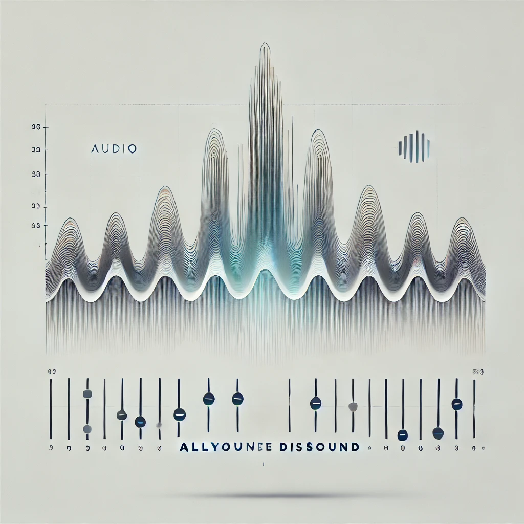 An abstract digital sound spectrum with smooth, flowing waves in gray and blue tones, featuring a clean and stylized equalizer on a white background.