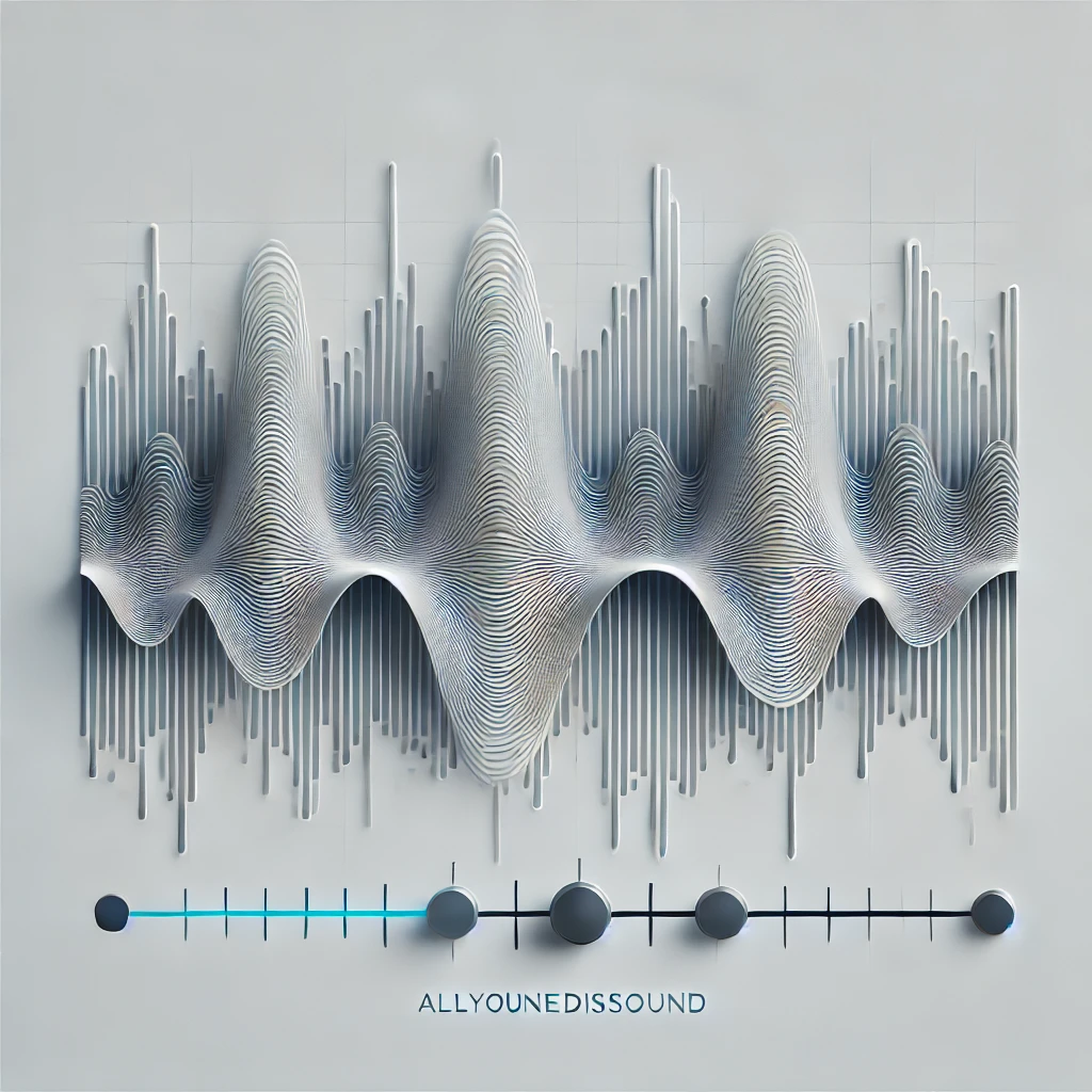 Three-dimensional waves representing spectral audio analysis in grey and light blue tones on a white background, with a stylized graphic equalizer.