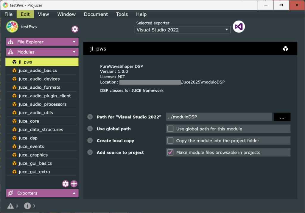 Screenshot of a project setup in Visual Studio 2022, showing the file explorer with modules including juce_audio_basics and PureWaveshaper DSP.